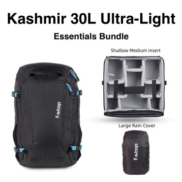 Kashmir 30L capacity adventure and travel camera backpack, pack or camera bag, lightweight, essentials bundle
