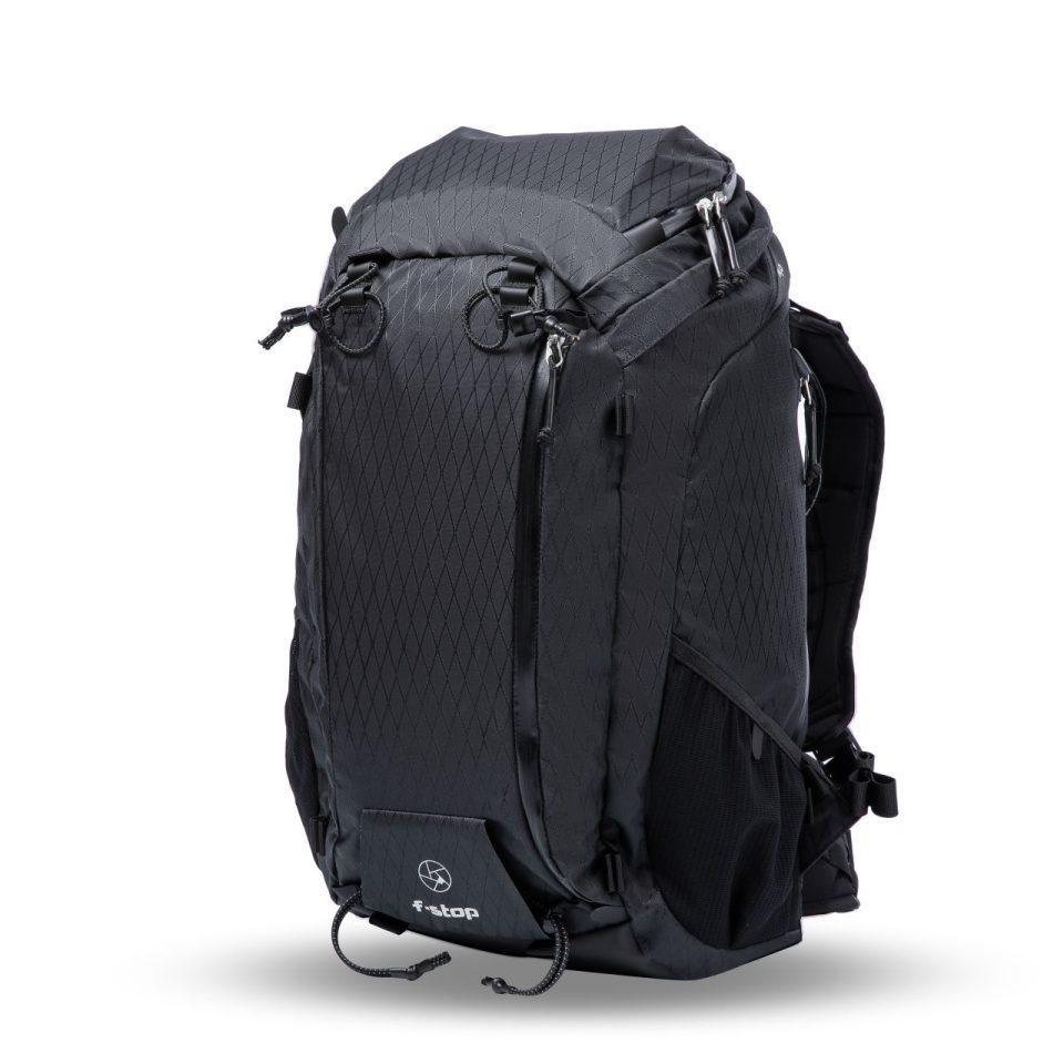 f-stop AJNA 37 liter DuraDiadiamond® camera backpack in the Anthracite Black color option as viewed from the front and side