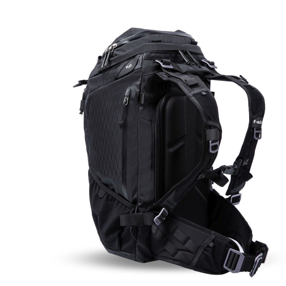 f-stop AJNA 37 liter DuraDiadiamond® camera backpack in the Anthracite Black color option as viewed from the side and back