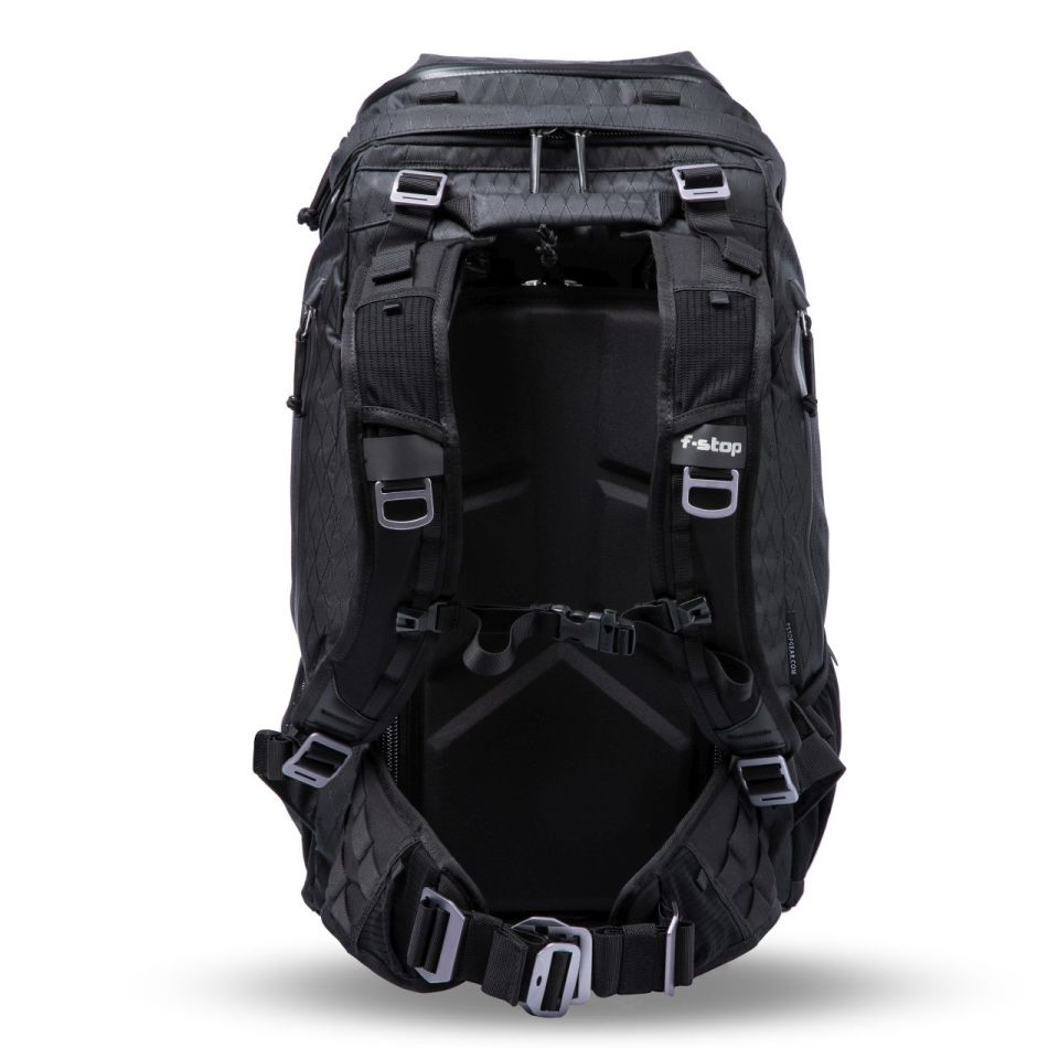 f-stop AJNA 37 liter DuraDiadiamond® camera backpack in the Anthracite Black color option as viewed from the back