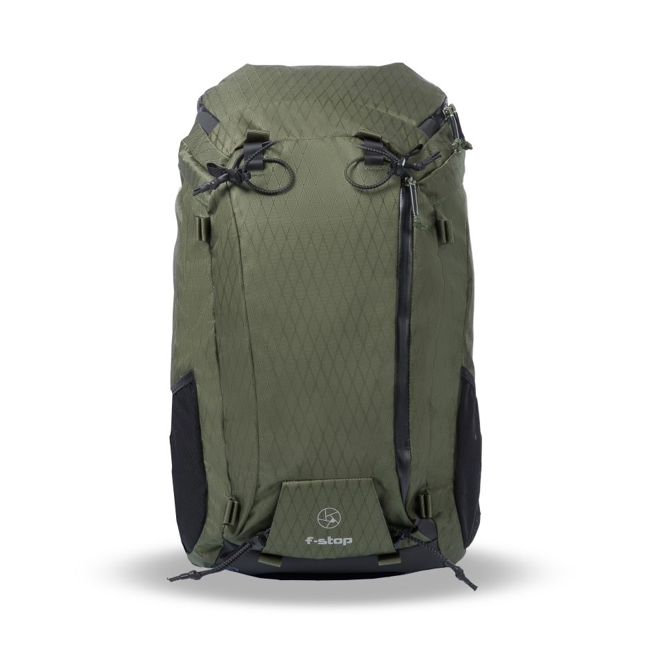 f-stop AJNA 37 liter DuraDiadiamond® camera backpack in the Cypress Green color option as viewed from the front