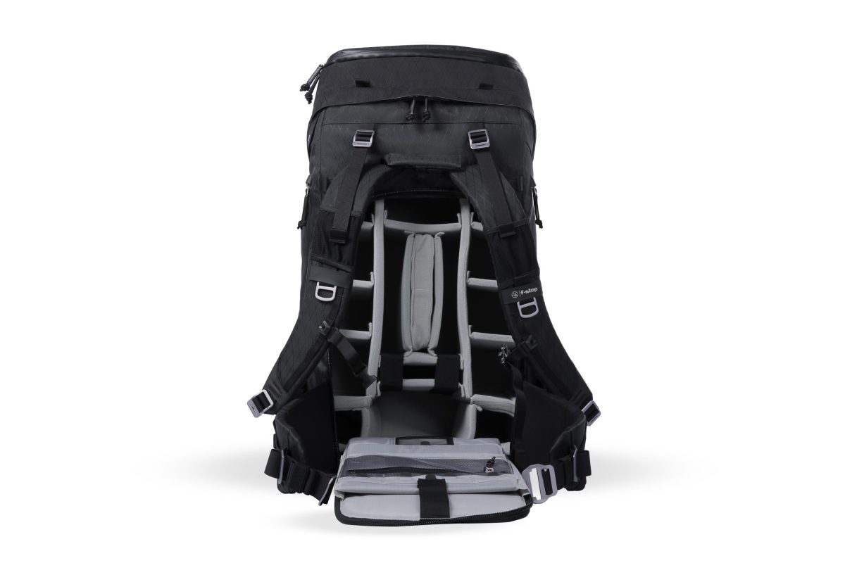 f-stop Shinn 80 liter DuraDiamond® camera backpack in the Anthracite Black color viewed from the front and side