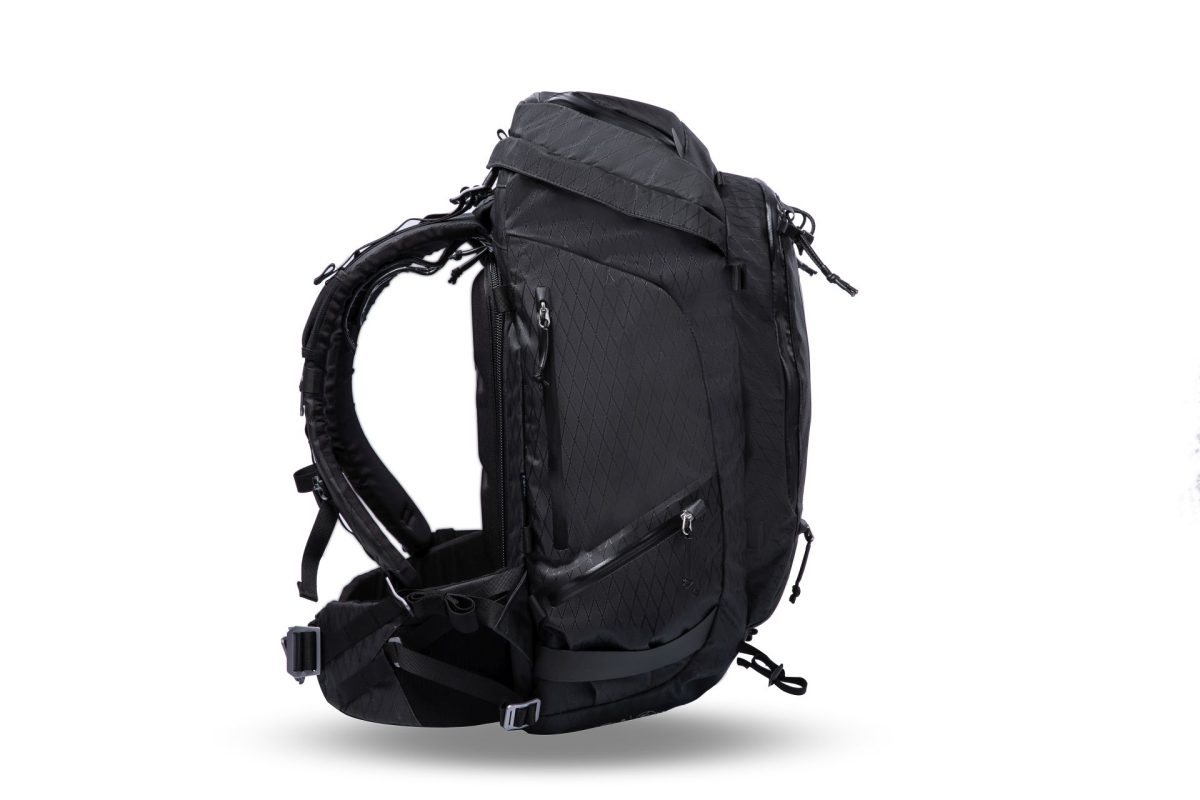 f-stop Tilopa 50 liter DuraDiamond® camera backpack in the Anthracite Black color option viewed from the side