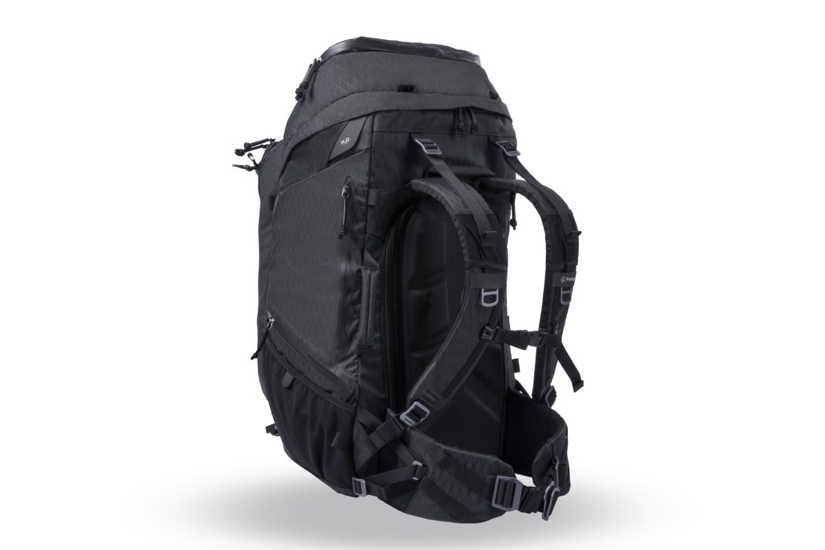 f-stop Shinn 80 liter DuraDiamond® camera backpack in the Anthracite Black color viewed from the back and side