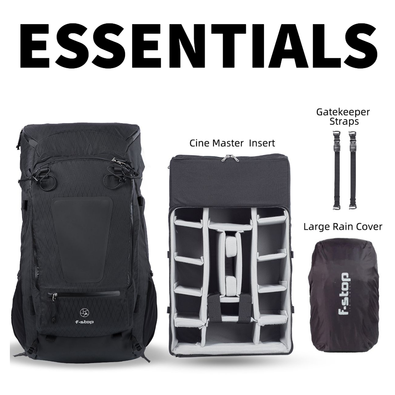 f-stop SHINN DuraDiamond® 80 liter adventure and camera backpack essentials bundle in the Anthracite Black color