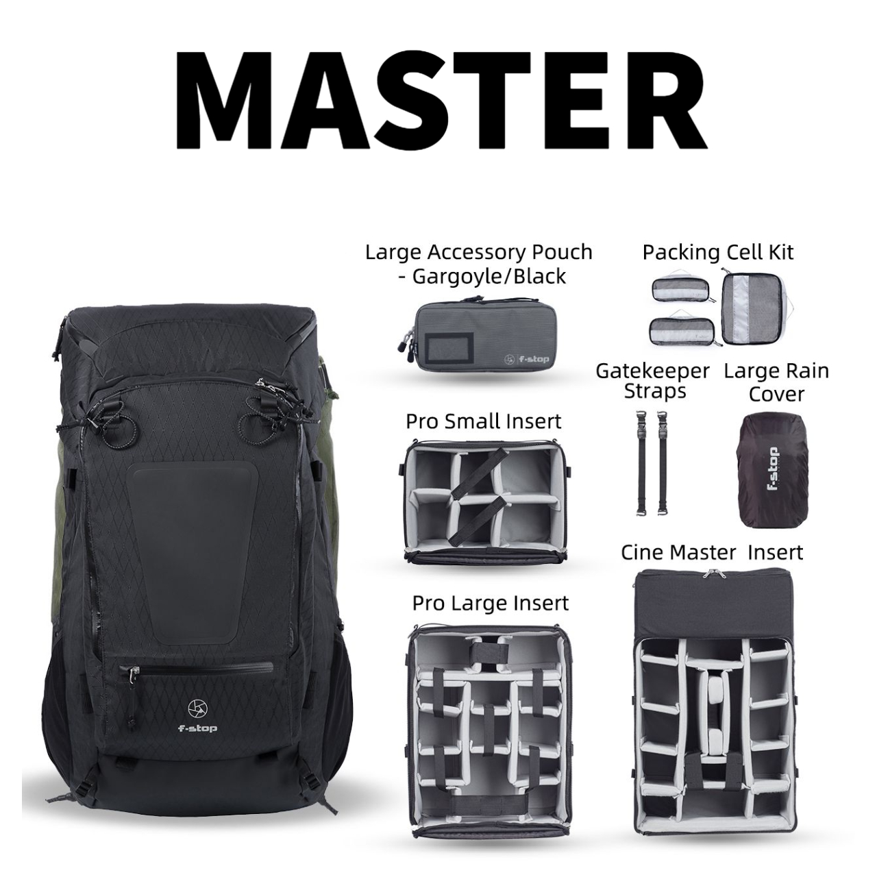 f-stop SHINN DuraDiamond® 80 liter adventure and camera backpack master bundle in the Anthracite Black color