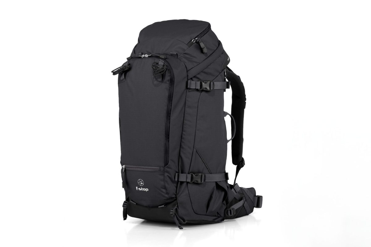 f-stop Sukha 70 liter camera backpack in the Anthracite Black color viewed from the front and side