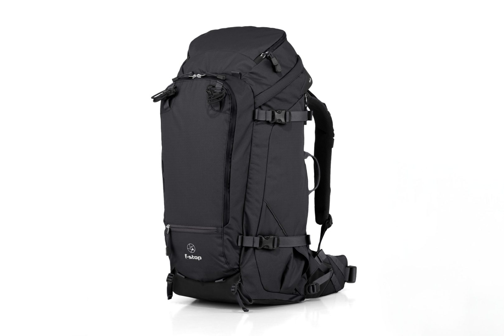 f-stop Sukha 70 liter camera backpack in the Anthracite Black color viewed from the front and side