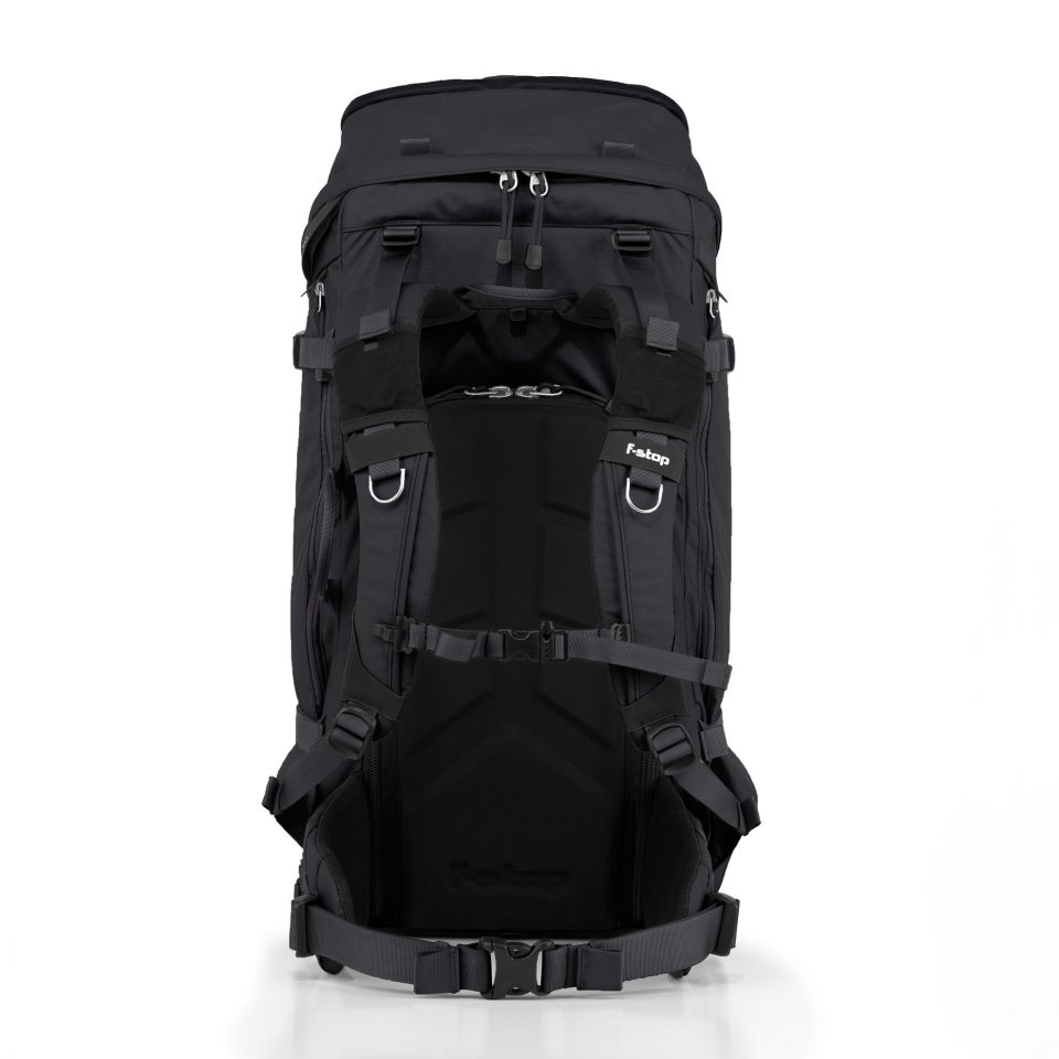 f-stop Sukha 70 liter camera backpack in the Anthracite Black color viewed from the back