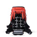 f-stop Tilopa 50 liter DuraDiamond® camera backpack in the Magma Red color option with the back panel open showing a Pro Large Camera Insert inside